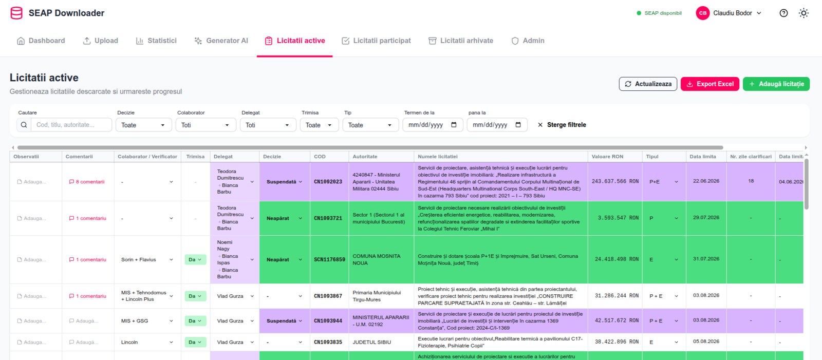 Licitațiile active în Licitații360: tabel cu decizia de participare, delegatul și colaboratorii, valoarea, data limită și zilele de clarificări pentru fiecare licitație, cu filtre și export Excel